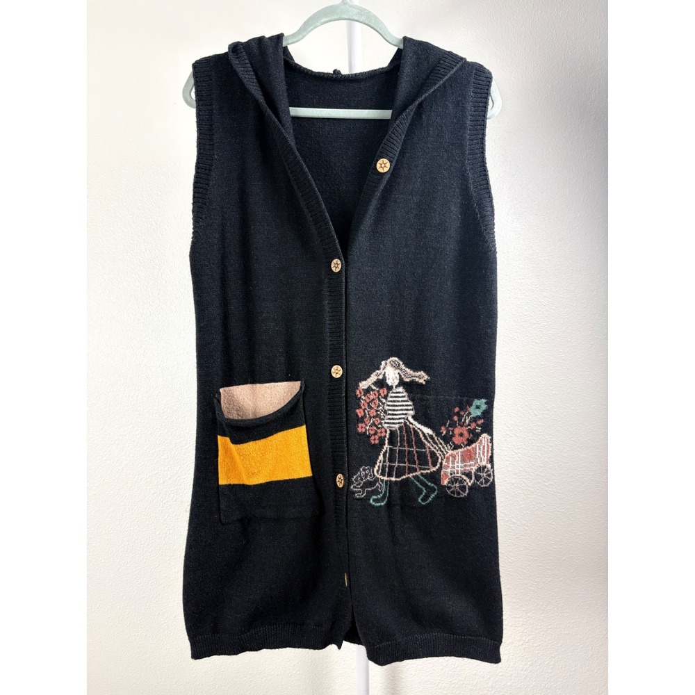 Black Hooded Vest Cottagecore Girl Flower Cart Graphic Long Sweater Cardigan